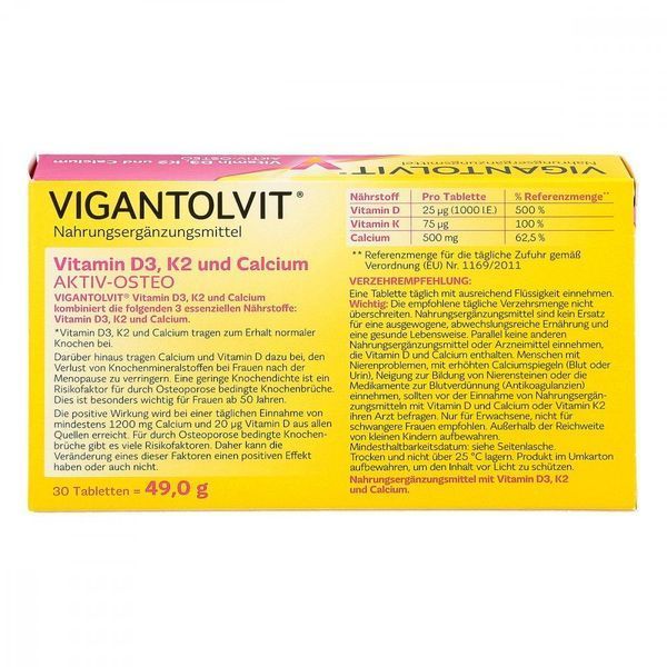Vigantolvit Vitamin D3, K2, Calcium - витамины для здоровья костной системы, 30 таб. 104821 фото