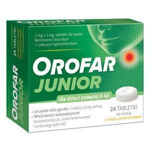 Orofar Junior - лечение инфекций горла у детей старше 6 лет, вкус апельсина, 24 леденца 104035 фото